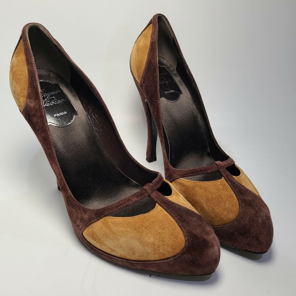 Roger Vivier women heels Pump Paris 2-tone brown Leather suede sz 37.5 7.5 new - Picture 2 of 10